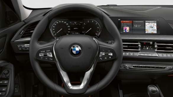 Sport leather steering wheel F40. Cockpit of the BMW 1 Series Model Sport Line with Sport leather steering wheel F40.