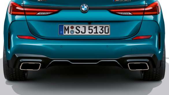 Tailpipe trims BMW 2 Series Gran Coupé F44 Tailpipe trims BMW 2 Series Gran Coupé Snapper Rocks Blue metallic F44 close-up rear