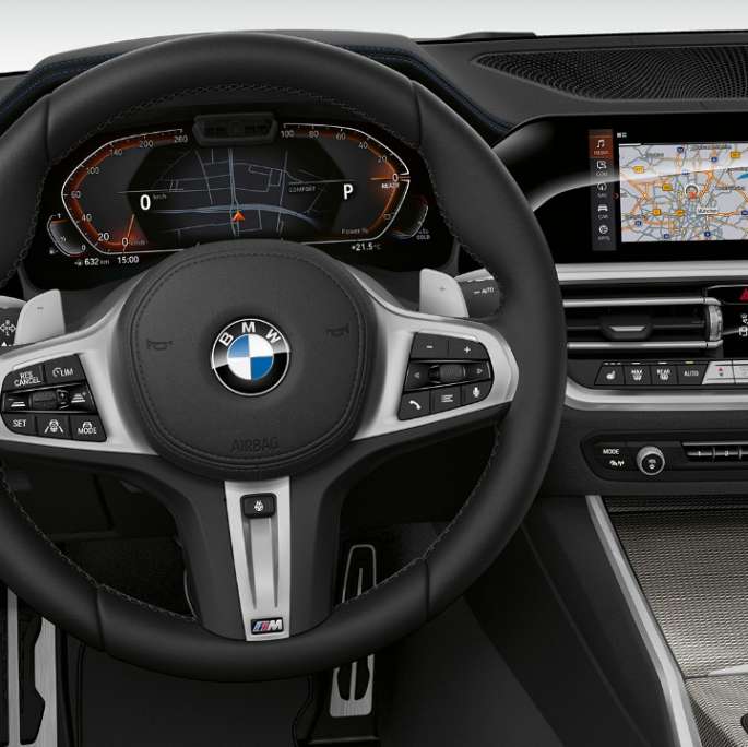 BMW 3 Series Sedan, Model Sport Line Cockpit Frontal close-up of the driver's cockpit of the BMW 3 Series Sedan with Model Sport Line features.