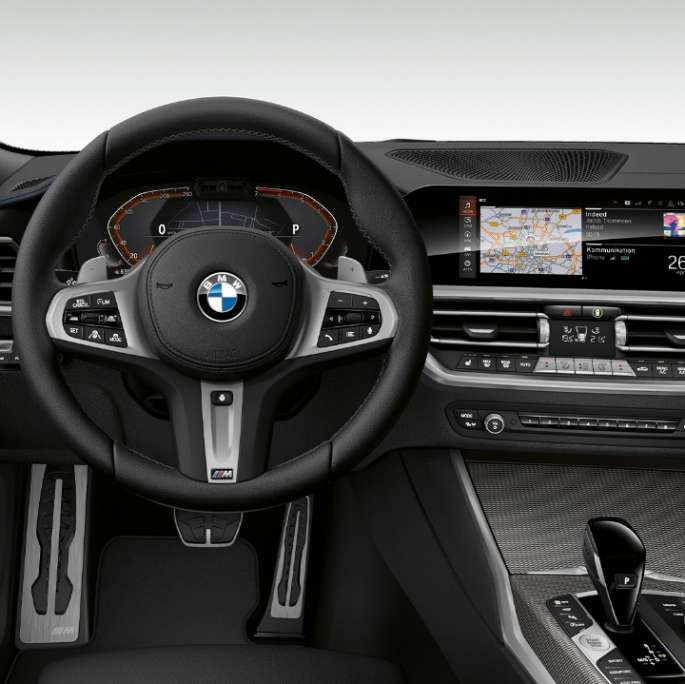 BMW 3 Series Sedan, Model M Sport Cockpit Frontal close-up of the driver's cockpit of the BMW 3 Series Sedan with Model M Sport features.