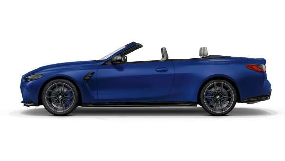 측면 디자인 M xDrive G83 2021이 탑재된 BMW M4 컴피티션 컨버터블 BMW M4 카브리오 컴피티션, M xDrive G83 2021 BMW 인디비주얼 프로즌 포르티마오 블루 메탈릭 측면도