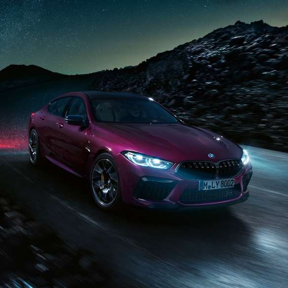 BMW M8 Competition Gran Coupé three-quarter front view F93 BMW M8 Competition Gran Coupé F93 2020 BMW Individual Ametrine metallic three-quarter front view