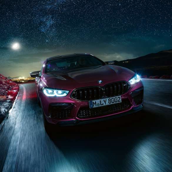 BMW M8 Competition Gran Coupé front view driving F93 BMW M8 Competition Gran Coupé F93 2020 BMW Individual Ametrine metallic front view driving