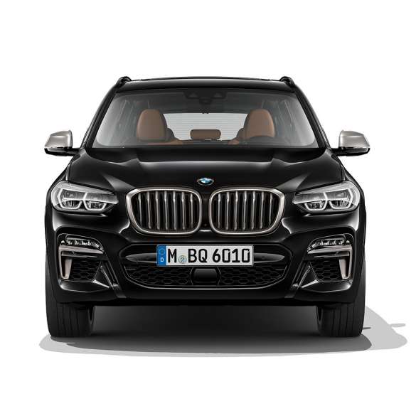 BMW X3 M40i와 BMW X3 M40d SUV, 정면 뷰 G01. BMW X3 M40i 및 BMW X3 M40d SUV 블랙 사파이어 메탈릭, 외관, 정면 뷰 G01