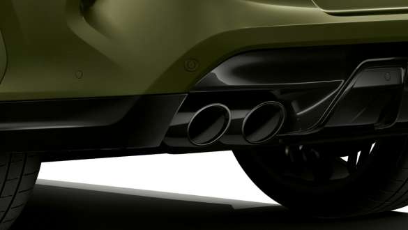 Tailpipe trims of the BMW X6 M Competition SUV F96 Tailpipe trims in Black Chrome BMW X6 M Competition F96 BMW Individual Special Paint Urban Green SUV exterior