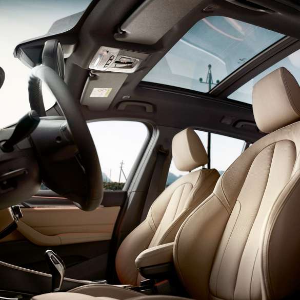 BMW X1 SUV F48 interior, sport seats. BMW X1 SUV F48 interior, view of ergonomic sport seats.