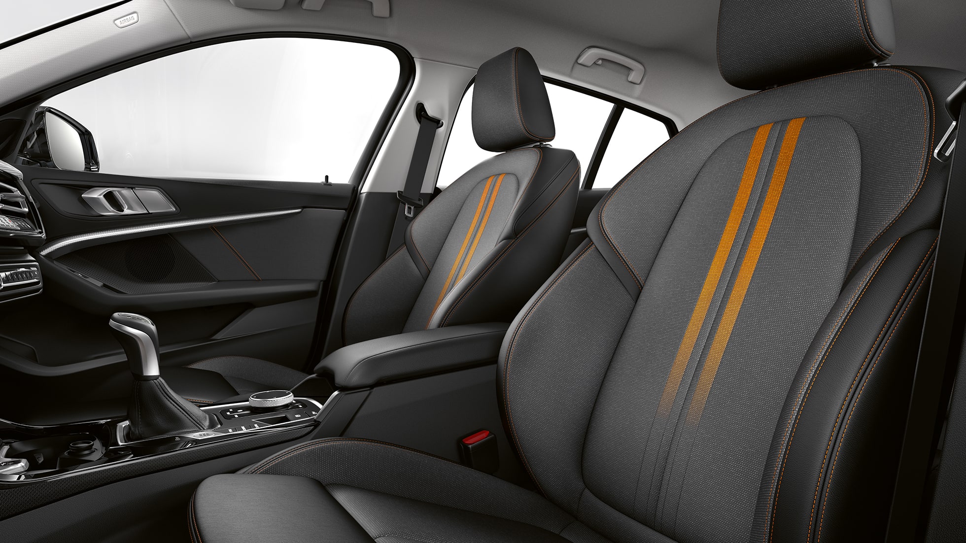 Sports seats for driver and front passenger F40. BMW 1 Series Model Sport Line, interior with sports seats for driver and front passenger F40.
