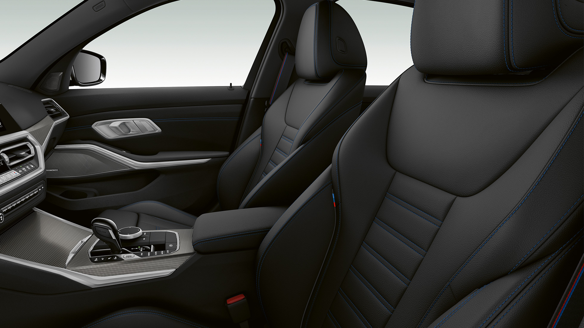BMW 3 Series Sedan, M340i xDrive front seats Side close-up of the front seats of the BMW 3 Series M340i xDrive Sedan.