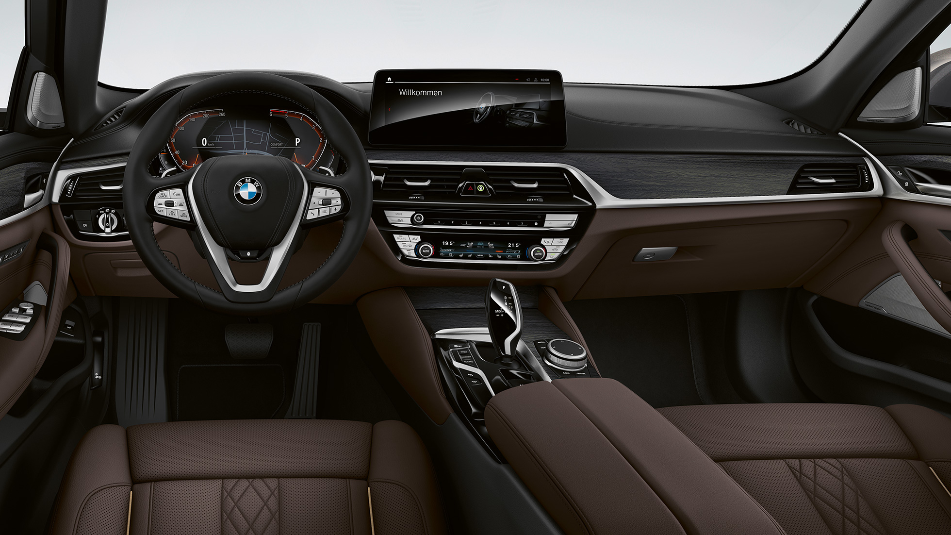 Cockpit BMW 5 Series Sedan G30 Luxury Line 플러그인 하이브리드 Cockpit BMW 5 Series Sedan 520d xDrive G30 2020 Luxury Line Exclusive leather 'Nappa' Mokka exclusive stitching with piping in contrast interior 플러그인 하이브리드