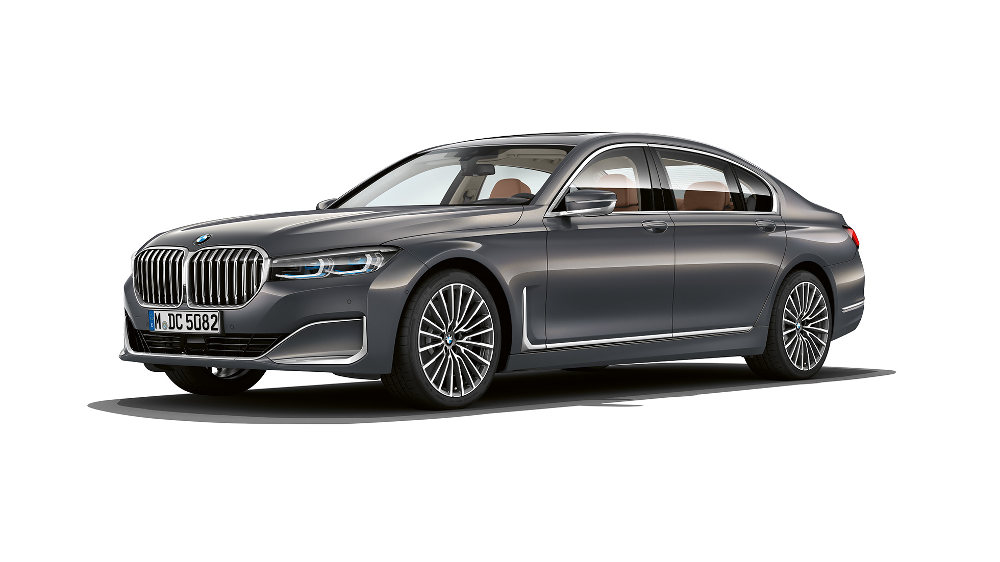 BMW 7 시리즈 세단과 퓨어 엑셀런스 외관 디자인, 정측면 모습 그레이 색상 BMW 7 시리즈 세단과 퓨어 엑셀런스 외관 디자인의 정측면 모습