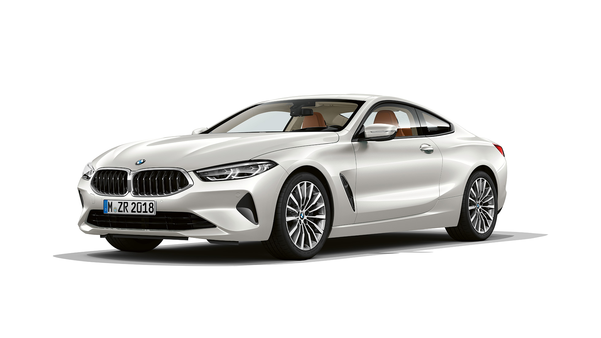 BMW 8 Series Coupé, three-quarter front view G15. BMW 8 Series Coupé, Mineral White metallic, three-quarter front view G15.