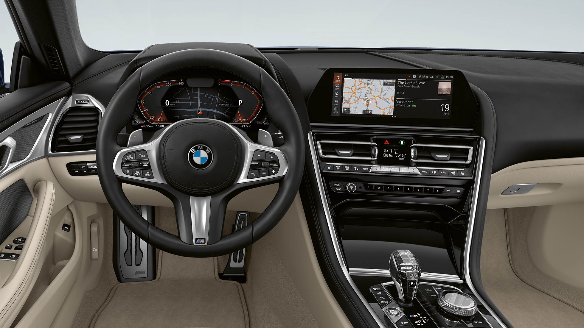 M Leather steering wheel with Multifunction G15. BMW 8 Series Coupé, Cockpit, M Leather steering wheel with Multifunction G15.