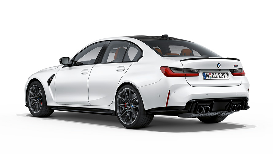 BMW M3 Competition G80 2020 Frozen Brilliant White metallic three-quarter rear view