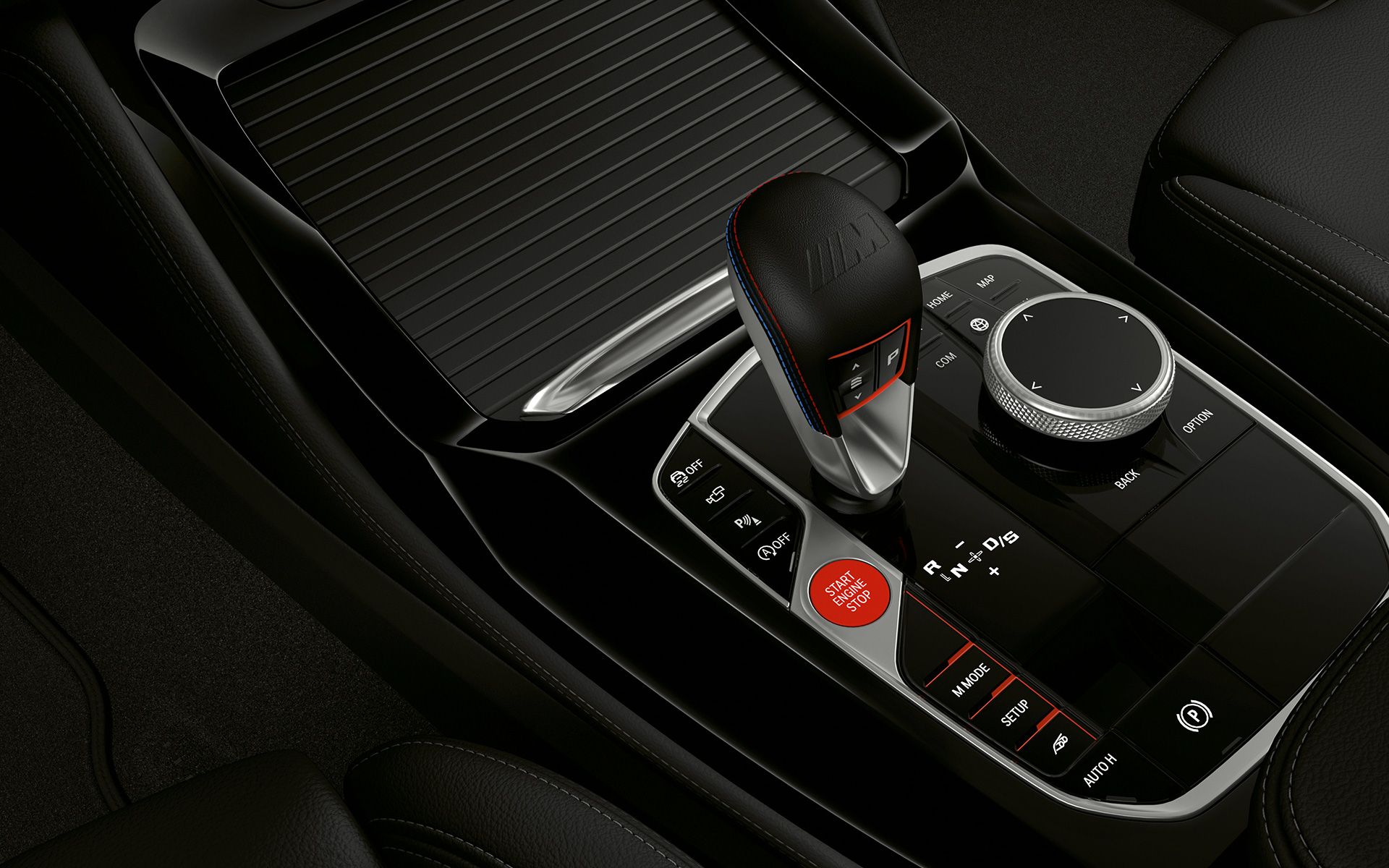 BMW X4 M 컴피티션 F98 LCI 페이스리프트 2021 센터 콘솔 클로즈업 기어 셀렉터 스위치