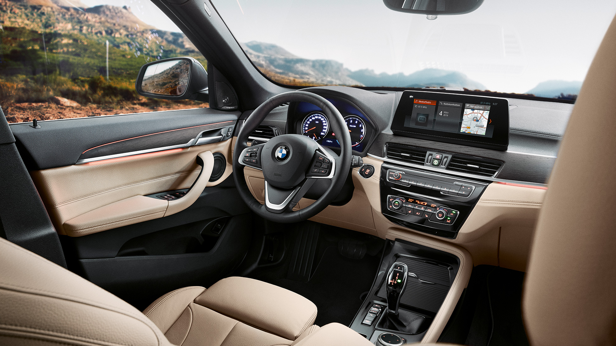 BMW X1 SUV F48 interior, cockpit. BMW X1 SUV F48 interior, view of the 10,25" Control display in the cockpit.