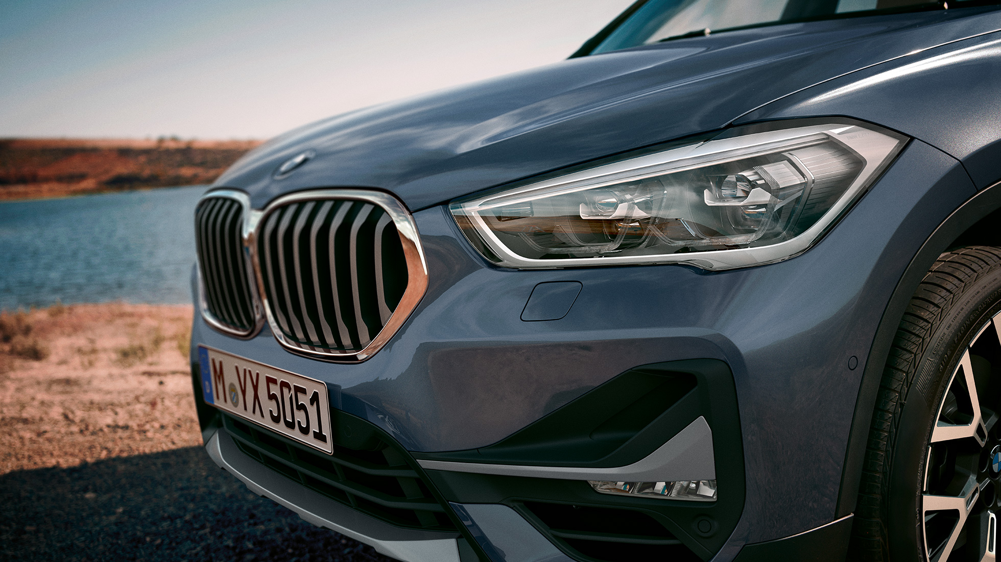 BMW X1 SUV F48, Adaptive LED headlights. BMW X1 SUV F48, close-up of the Adative LED headlights.