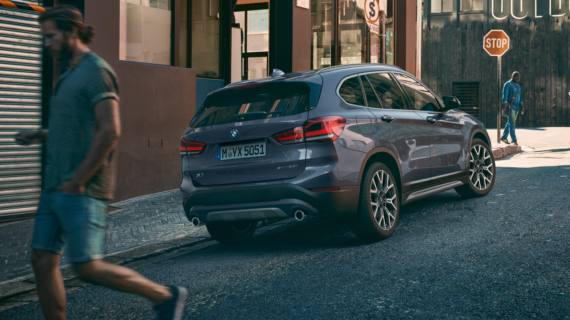 BMW X1 SUV F48, LED rear lights. BMW X1 SUV F48, three-quarter rear with view of the LED rear lights.
