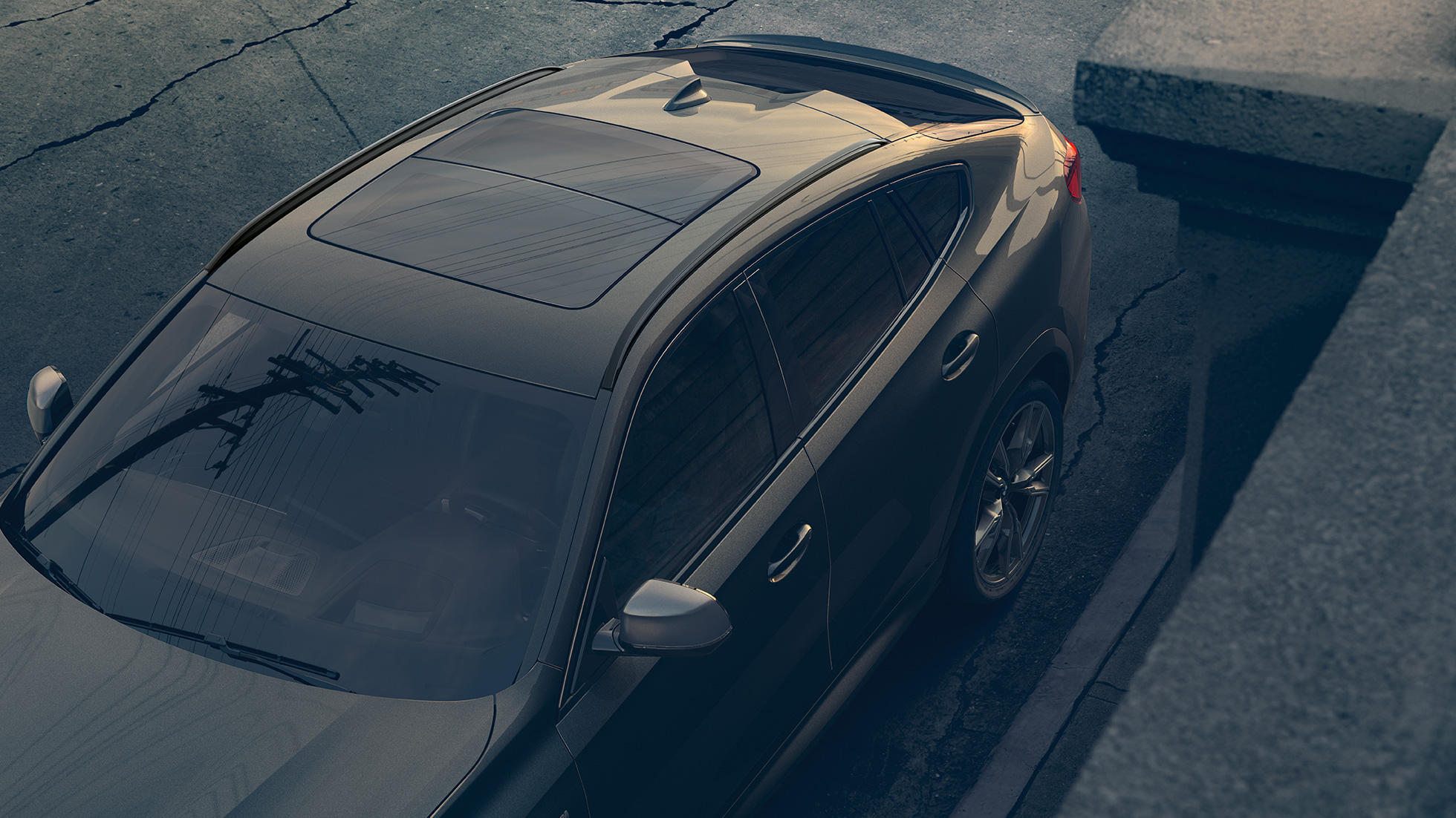 BMW X6 Panorama glass roof Sky Lounge SUV G06. Close-up view of the BMW X6 Panorama glass roof Sky Lounge SUV G06.
