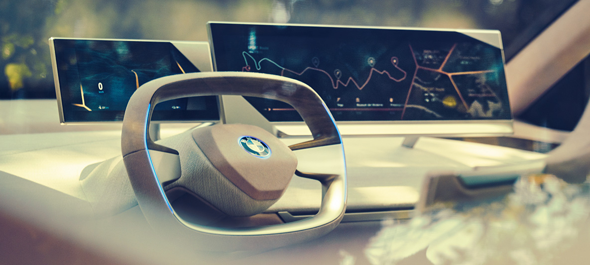 BMW 비전 iNEXT의 인테리어 BMW 비전 iNEXT 인테리어의 스티어링 휠과 대시보드
