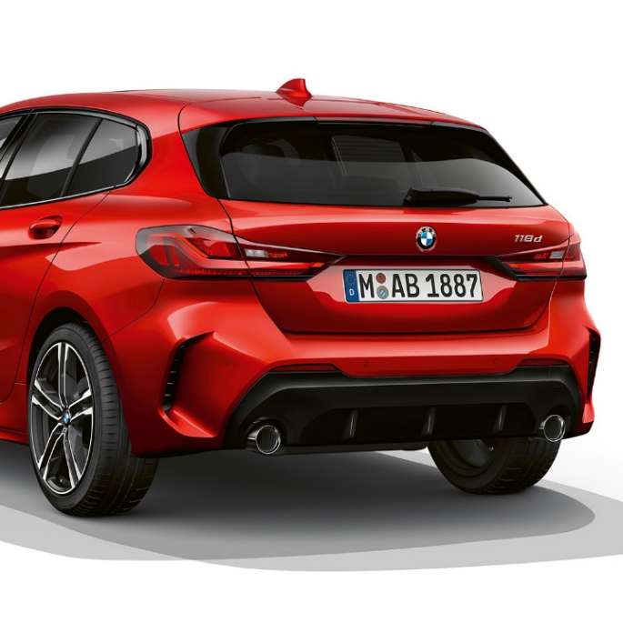 BMW 1 Series Model M Sport in Melbourne Red metallic, studio shot three-quarter rear F40.